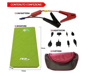 FKB avviatore batteria auto tascabile al Litio di emergenza per automobili benzina diesel / moto: 12 V multifunzione Capacita: 6900 mAh Max power ( max 3 s ) 300 A , Presa USB 5V / 2A, 1 porta USB, 1 porta USB Type-C, Led Flashlight, funzione torcia con 3